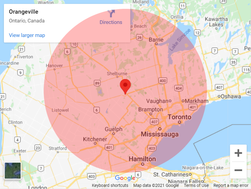 Map of Orangeville, Ontario and surrounding areas, roughly ~50 mi in every direction.